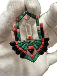 Native American Spiny Oyster, Malachite, Rhodocrosite, Onyx, Sterling Pendent - Picture 1 of 7