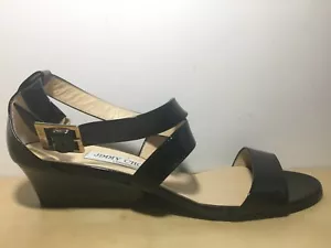 Jimmy Choo TREAT Black Patent Leather T Strap Low Wedge Sandal Shoe 38 - 7.5 - Picture 1 of 5