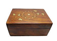 Wooden Lidded Jewelry Box Brass Inlayed  Divided Red Velvet Lined Vintage India 