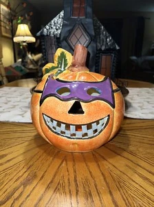 Keramik Halloween maskierter Kürbis mit batteriebetriebenem Licht - Bild 1 von 10