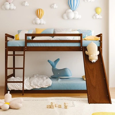Bunk Bed Twin Over Twin Low Floor Bed Frame With Slide & Ladder For Boys Girls - Image 1 of 4
