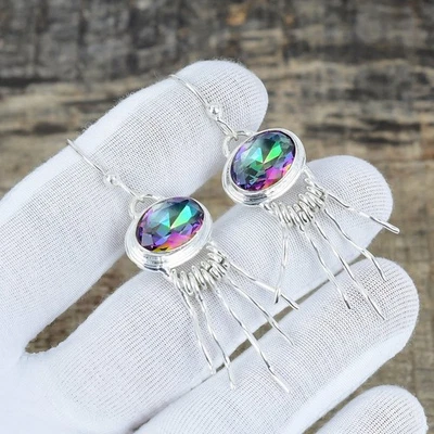 Rainbow Mystic Topaz Gemstone 925 Sterling Silver Jewelry Earring Wadding Gift - Image 1 of 4