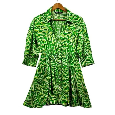 Zara Retro Swirl Shirt Dress Green White Mod Print Mini Summer Dress Sz SMALL - Image 1 of 4