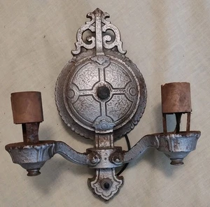 Antique Cast Metal Silver Double Lamp Hardwired Light Wall Sconce Theater Hotel - Picture 1 of 8