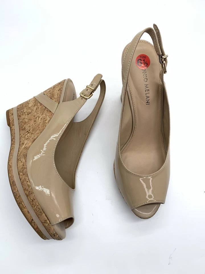 Sandalias de cuña Antonio Melani Rosie de charol desnudo punta abierta corcho 6,5 M BNS1 Foto 1 de 4