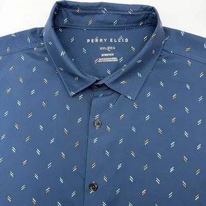 Perry Ellis Stretch Men's Short Sleeve Button Up Blue Geometric XXL 2XL Casual - Picture 1 of 6