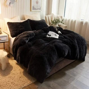 NEW! ~ ULTRA SOFT PLUSH LUXURY BLACK FAUX FUR SHAGGY LONG MODERN COMFORTER SET - Picture 1 of 2