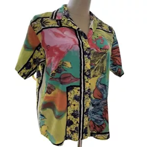 Vintage 90s Button Up Camp Shirt Colorful Floral Abstract Tropical Women Small - Picture 1 of 10