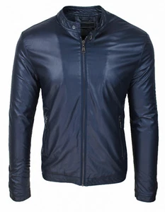 GIUBBOTTO GIACCA UOMO ECOPELLE BLU SCURO CASUAL GIUBBINO BOMBER MOTO  - Imagen 1 de 3