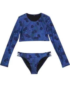 O'Neill Girls Size 4 Long Sleeve Crop Rash Guard 2 Pc Swimsuit Winter Waves Blue - Picture 1 of 2