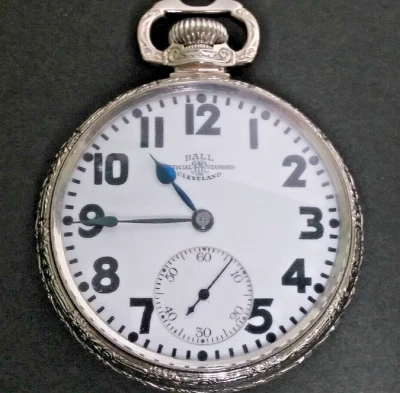 Ball Railroad Cleveland 23 Jewel, 16S Pocket Watch, 14K white gold-filled, runs - Image 1 of 4