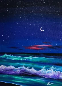 "Dream Beach" ACEO Original Hand Painting Vintage Seascape Art Signed ATC - Picture 1 of 2