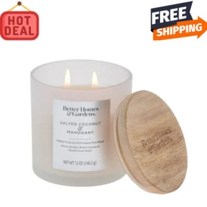 Gesalzene Kokosnuss Mahagoni duftende 2-Docht Glas Kerze mit Holzdeckel 12oz mattiert USA - Bild 1 von 7