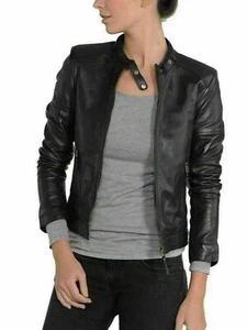Women's Genuine Leather 100% Soft Lambskin Real Jacket Black Moto Biker Jacket - Picture 1 of 8
