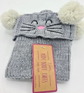 Knit Kids Boot Cuffs New with Tags cat gray Pom poms One size fits all - Picture 1 of 5
