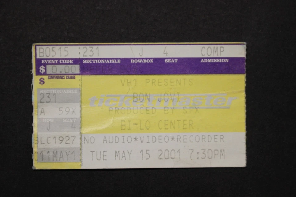 BON JOVI Concert Ticket Stub - May 15, 2001 - Bi-Lo Center Greenville, SC - Image 1 of 1