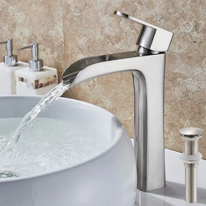 Bathroom Vessel Sink Faucet Waterfall Tall Single Hole w/Drain Brushed Nickel - Picture 1 of 7