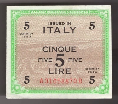 1943 A Italy 5 Lire WWII Allied Military Currency, Pic# M18 AU/UNC - Image 1 of 2