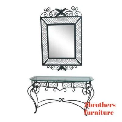 Ethan Allen Accessories Wrought Iron Glass Top Mirror Console Server Sideboard - Image 1 of 4