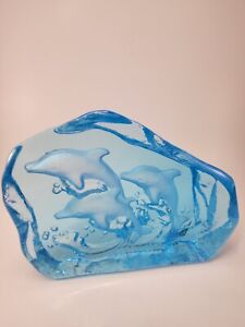 Vintage Blue Art Glass Sculpture of Dolphins in Ocean with Waves Etched 1980s