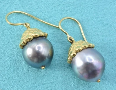 Pendientes colgantes de perlas de colección Matthew Trent oro 18K bellota pavo real gris mar del Sur Foto 1 de 4