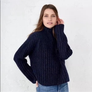 LA LIGNE Fuzzy Wuzzy Alpaca Wool Funnel Neck Cropped Sweater Speckled Navy $398 - Picture 1 of 11