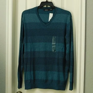 CLAIBORNE Mens V-neck Cotton Cashmere Soft Sweater Blue Teal Stripe XXL NWT - Picture 1 of 7