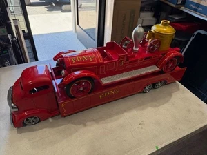 CUSTOM FIRE TRUCK PRESSED STEEL WITH FLATBED TRUCK 2 PIECE SET TURNER WYANDOTTE - Picture 1 of 23