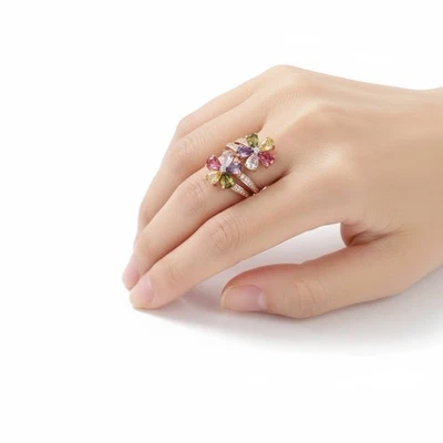 Rachel Zoe Flower Ring 7 Size Pink Crystal Gold CZ Multigem Gems In Vogue Rose - Image 1 of 4