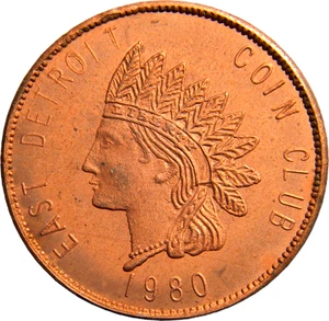 East Detroit MI, 1980 Moneda Club Medalla (01525) Indian Head Rose - Imagen 1 de 2