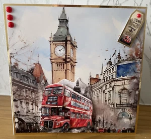 Biglietto tema scena autobus Londra 7"x7" fatto a mano buona fortuna complimenti amicizia - Foto 1 di 5
