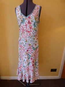 M&S PER UNA Cream & Green Red Floral Maxi Shift Ruffle Hem Dress Size 16R - Picture 1 of 24