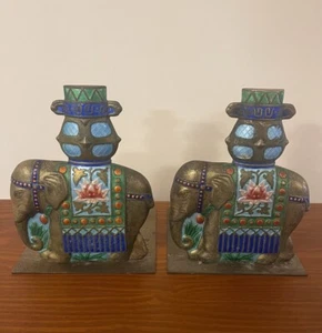 2er Set chinesische mehrfarbige emaillierte Elefanten Buchstützen 6 Zoll groß - Bild 1 von 13
