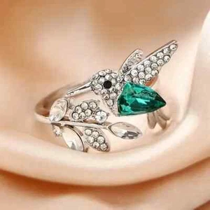 Adjustable Copper Hummingbird Ring Synthetic Zirconia Inlay Silver Toned Gift - Picture 1 of 4