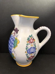 Redware Italian-style Pottery Pitcher Grapes, Flowers Yellow Trim 8" High - Picture 1 of 7