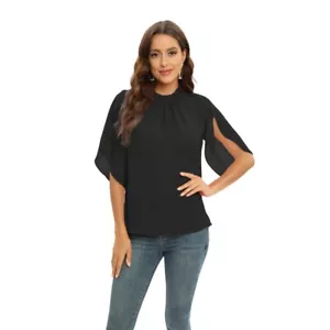 Womens Chiffon Blouse Three Quarter Sleeve Chiffon Shirt Office Tops Summer Tops - Picture 1 of 15