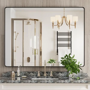 Black Bathroom Mirror, 48X36 Inch Rounded Rectangle Matte Framed Wall Mounted Mi - Picture 1 of 9