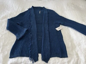 Free People | SZ S | Fringed Cardigan Sapphire | I’ll Be Around Knit Silk NWT - Picture 1 of 10
