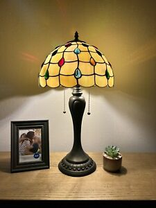 Tiffany Style Table Lamp Crystal Beans Gold Stained Glass LED Bulbs H22*W12”