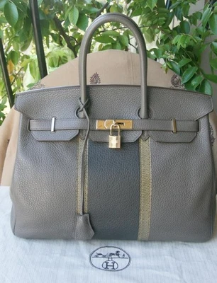100% AUTÉNTICO HERMES BIRKIN 35 ETAIN CLUB CLEMENCE-3 COLORES PERMABRASS HW Foto 1 de 4