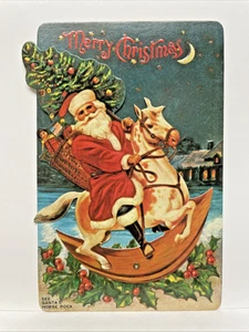 Merry Christmas Postcard - Santa Claus on a Rocking Horse - Picture 1 of 2