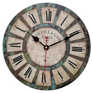 10 Inch Silent Round Wooden Wall Clock Rustic Country Style, Battery - Picture 1 of 7