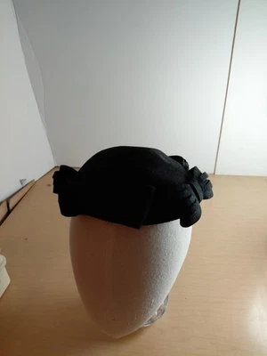 Vintage Black Wool Pin Hat With Bows - Image 1 of 4