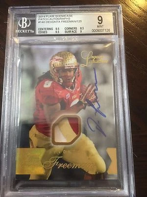 2014 Flair Showcase Patch Autographs #140 3 COLOR PATCH Devonta Freeman 26/125 - Image 1 of 2