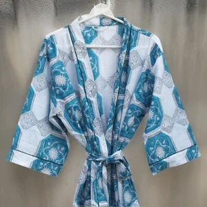New Hand Block Printed Cotton Dressing Gown Floral Printed Beach Kimono Robe - Picture 1 of 4