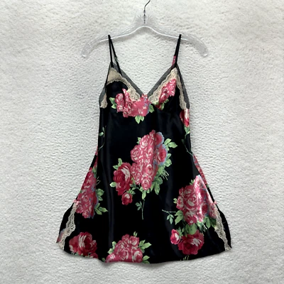Betsey Johnson Slip Dress Small Black Pink Floral Satin Lace Chemise Negligee - Image 1 of 4