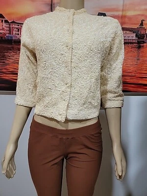  Chaqueta de Lujo Dragon House of Hong Kong Vintage Años 50’s 60 Lentejuelas Crema #CB8 Foto 1 de 4