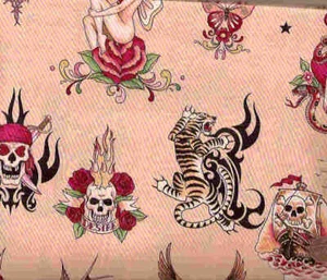 Skin Deep flesh tattoo skulls Alexander Henry fabric - Picture 1 of 1