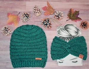 2 For One Price! Ocean Blue Slouchy Hat +Twist Headband Beanie Boho Women's - Picture 1 of 3