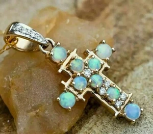 3Ct Round Cut Fire Opal & Diamond Cross Pendant 14K Yellow Gold Plated 18"Chain - Picture 1 of 5